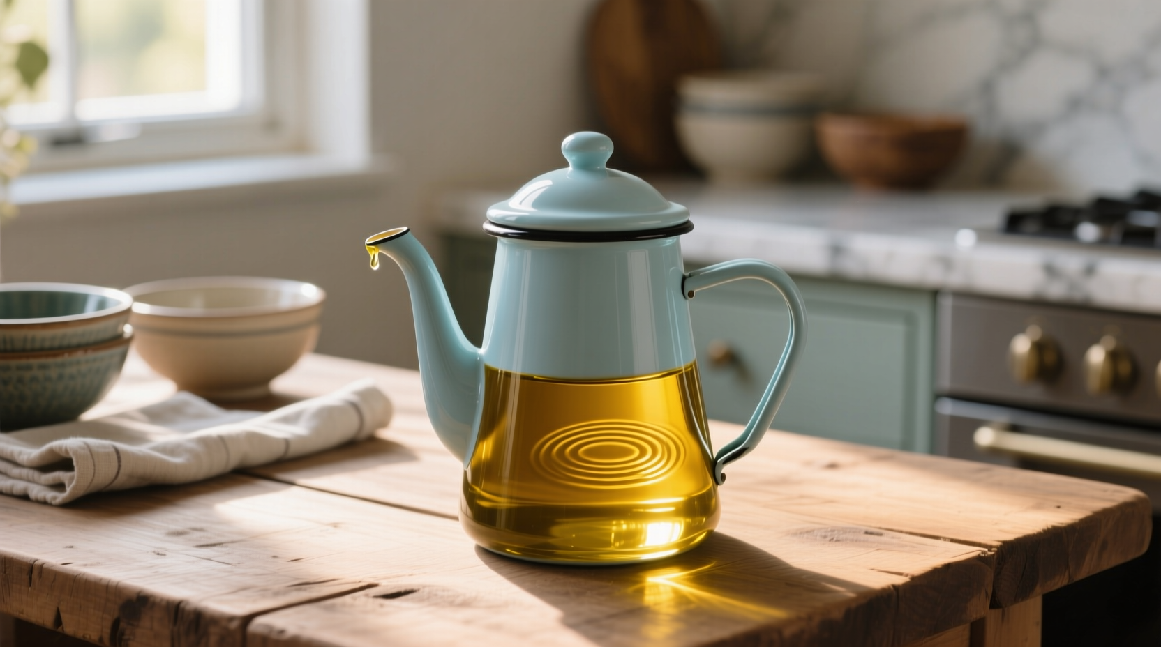 store olive oil in an enamel coffee pot for easy pourin