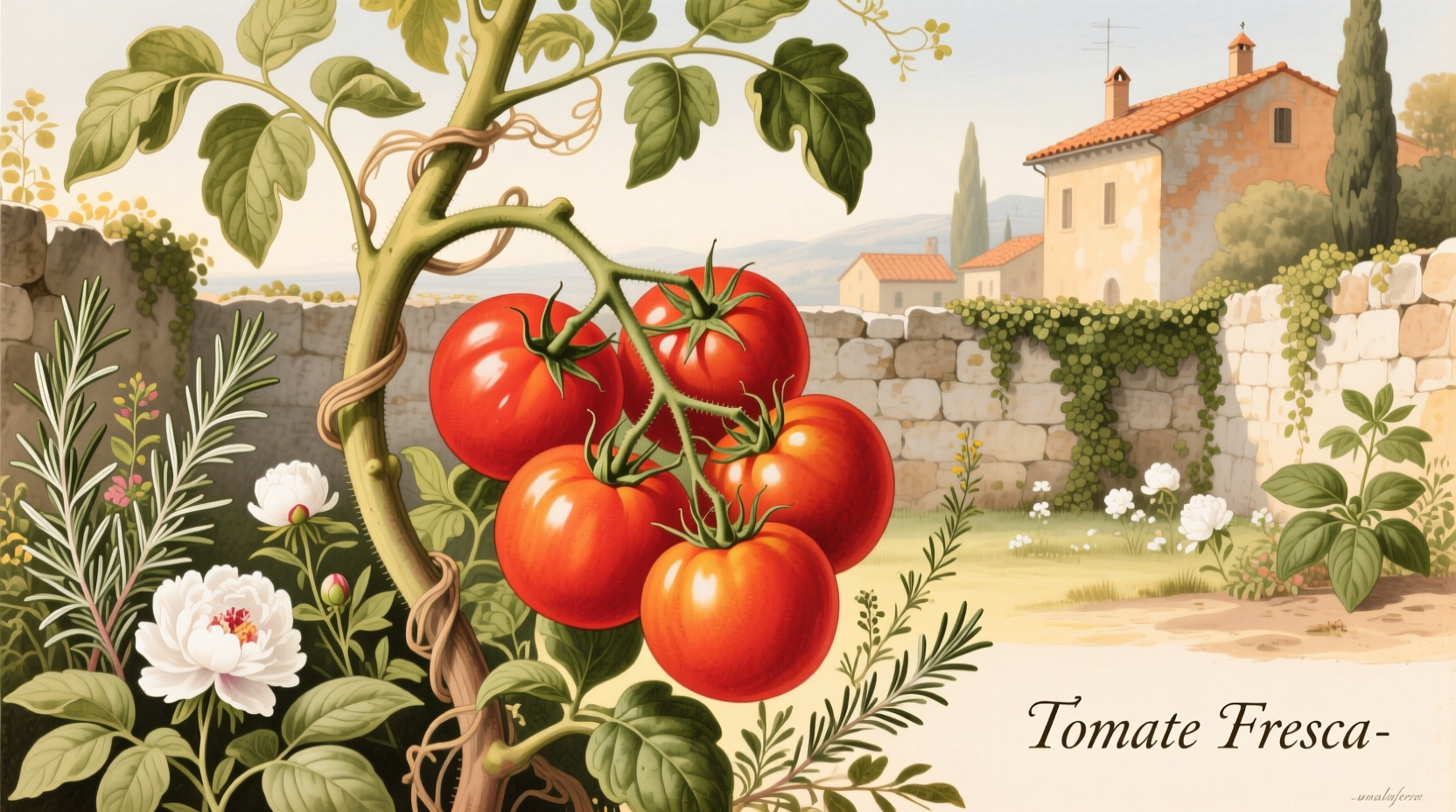 Fresh red tomatoes on vine in Italian garden