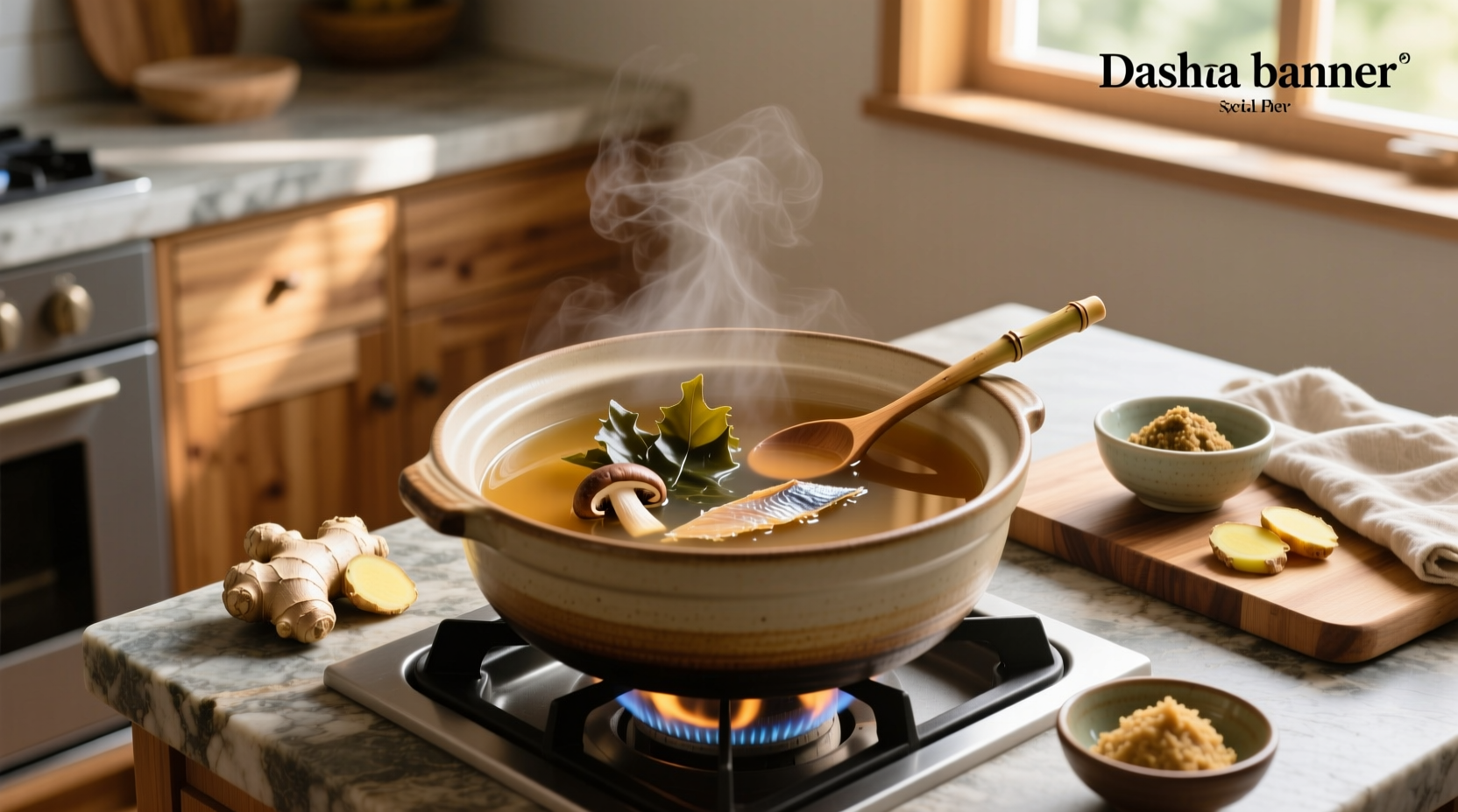 Traditional dashi stock ingredients: kombu, bonito flakes, and water in a pot