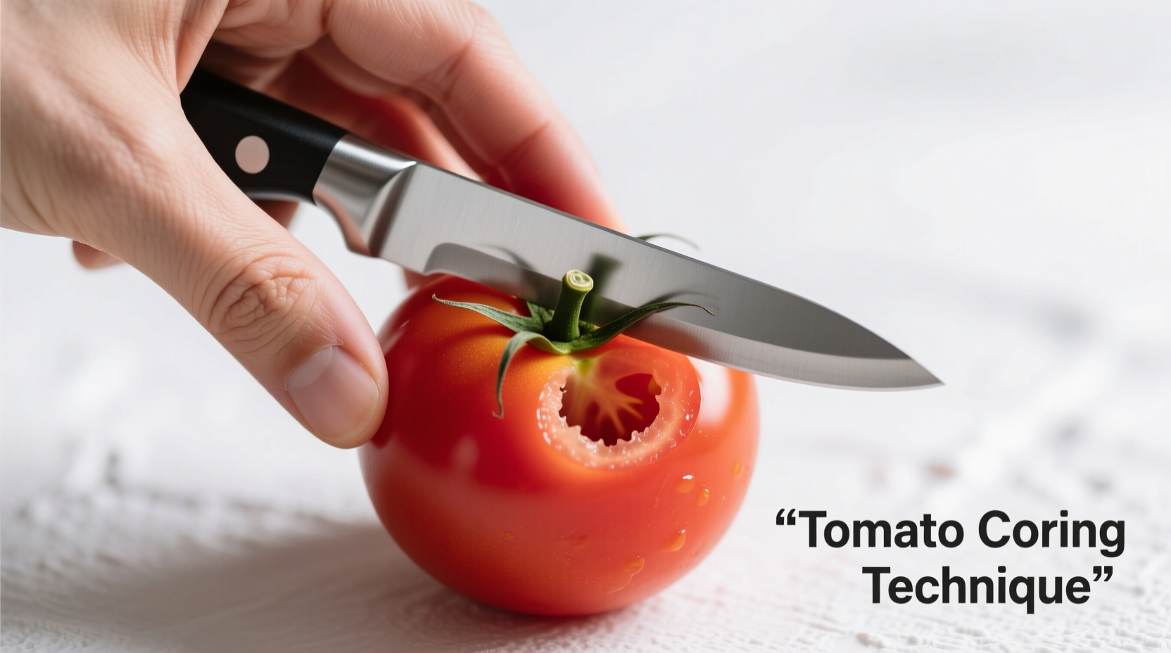 Hand demonstrating tomato coring technique with paring knife