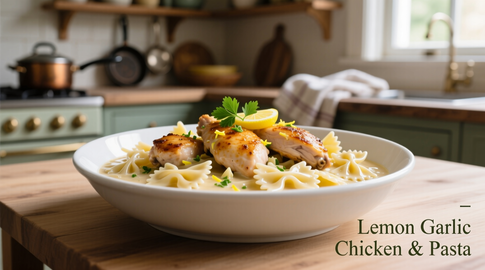 Lemon garlic chicken with creamy bowtie pasta in white bowl
