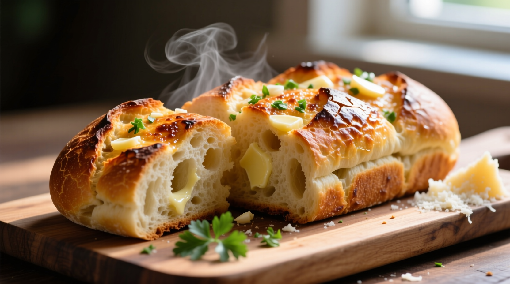 Professional baked garlic bread with golden crust
