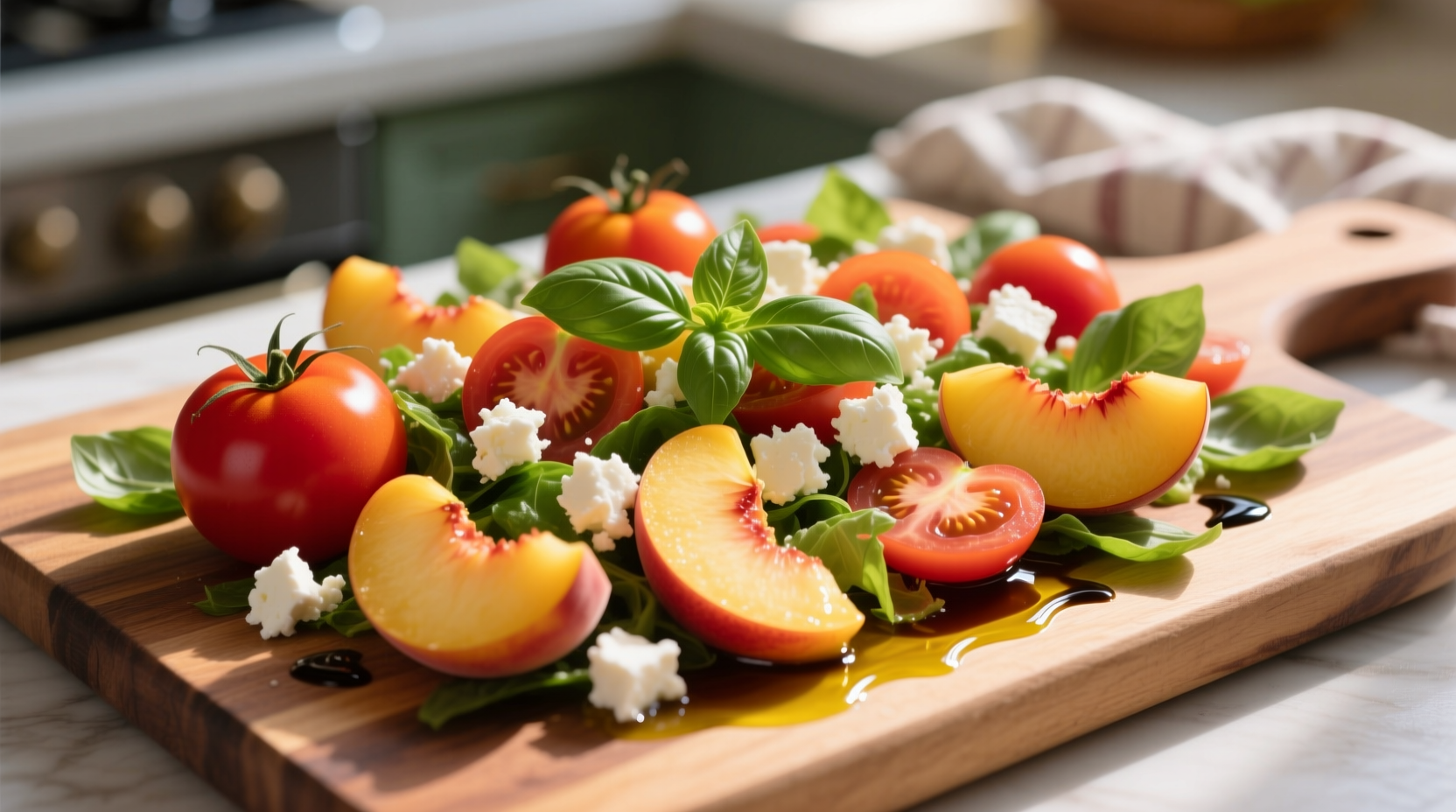 Vibrant tomato peach salad with basil and feta