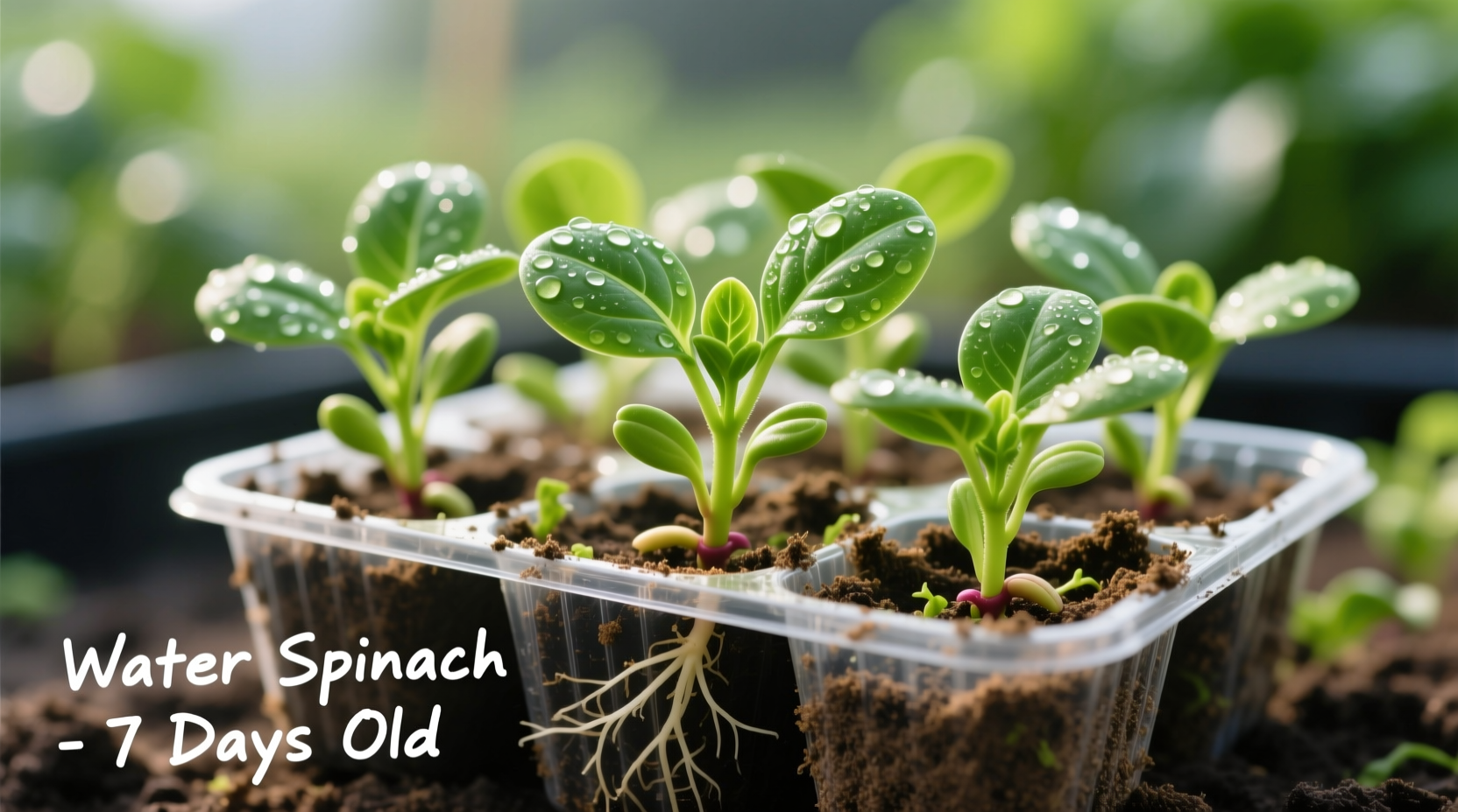 Water spinach seedlings in starter trays with healthy green growth