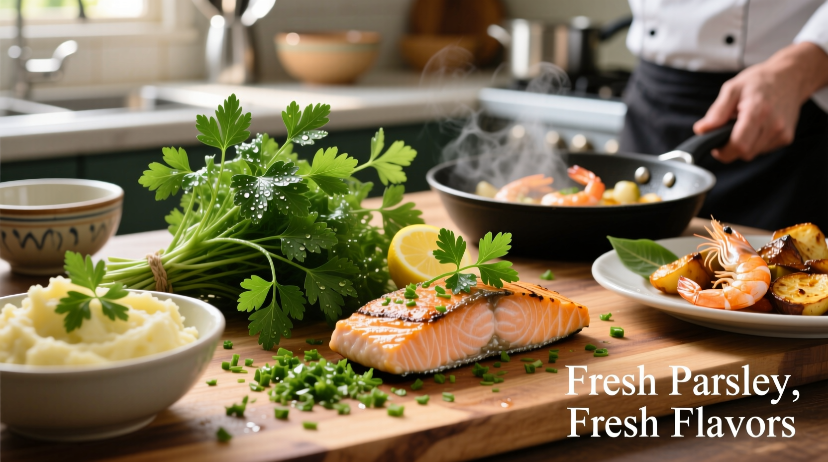 Fresh parsley in various culinary applications