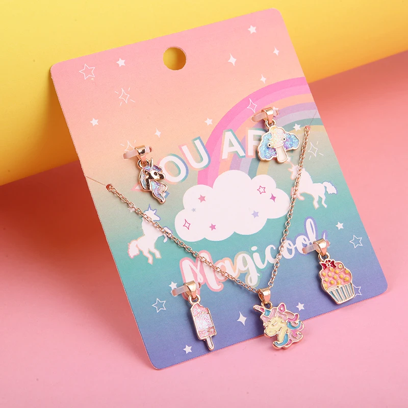 JOJO Wholesale Custom Fashion 5 Charm 1 Enamel Cute Cartoon Unicorn Handmade Girls KIds Jewelry Necklace