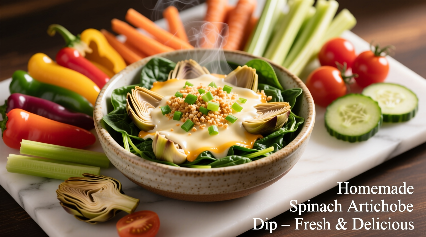 Homemade spinach artichoke dip with vegetables for dipping