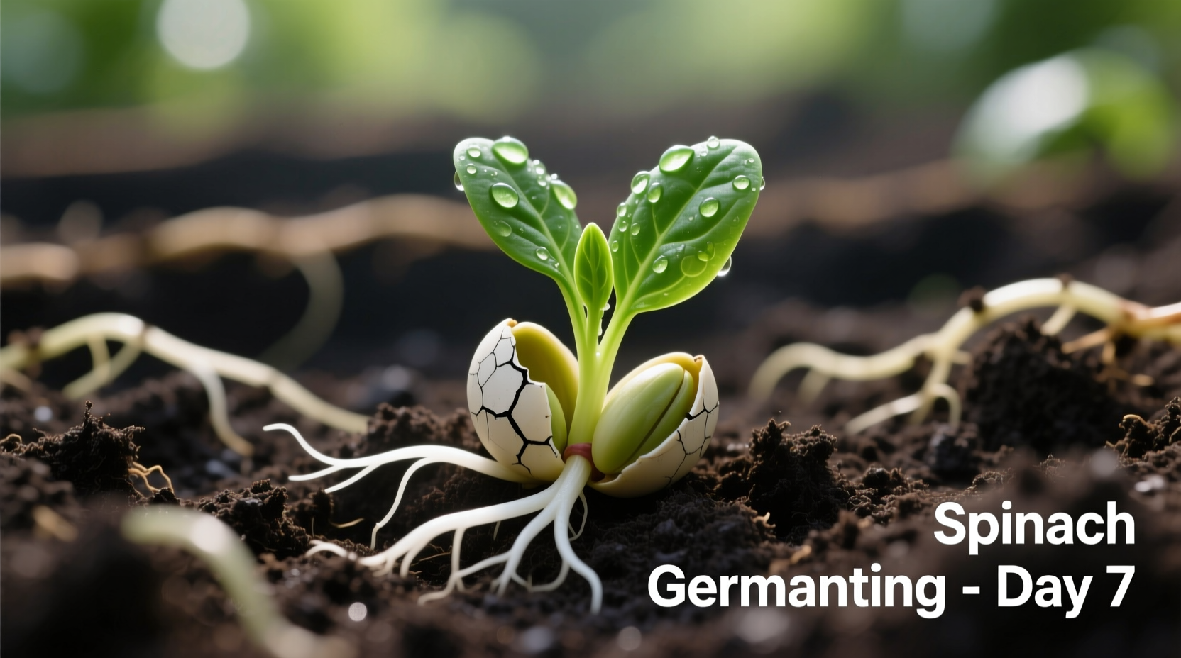 Close-up of spinach seeds in soil with sprouting leaves