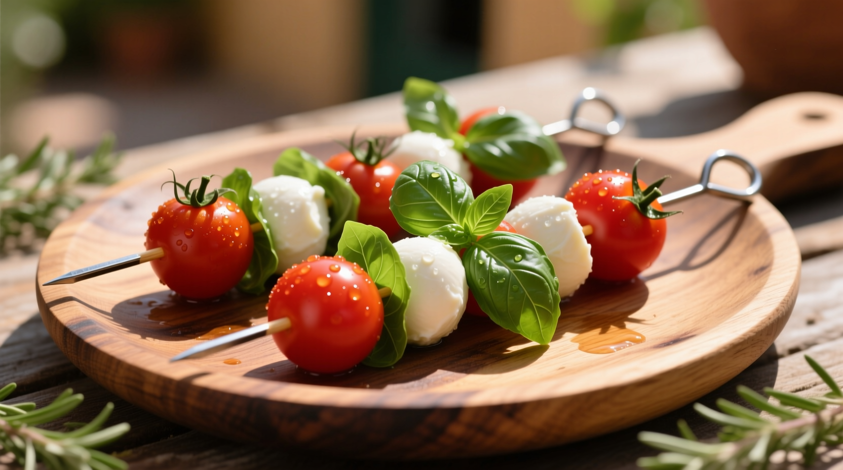 Colorful Caprese skewers on wooden platter with fresh ingredients