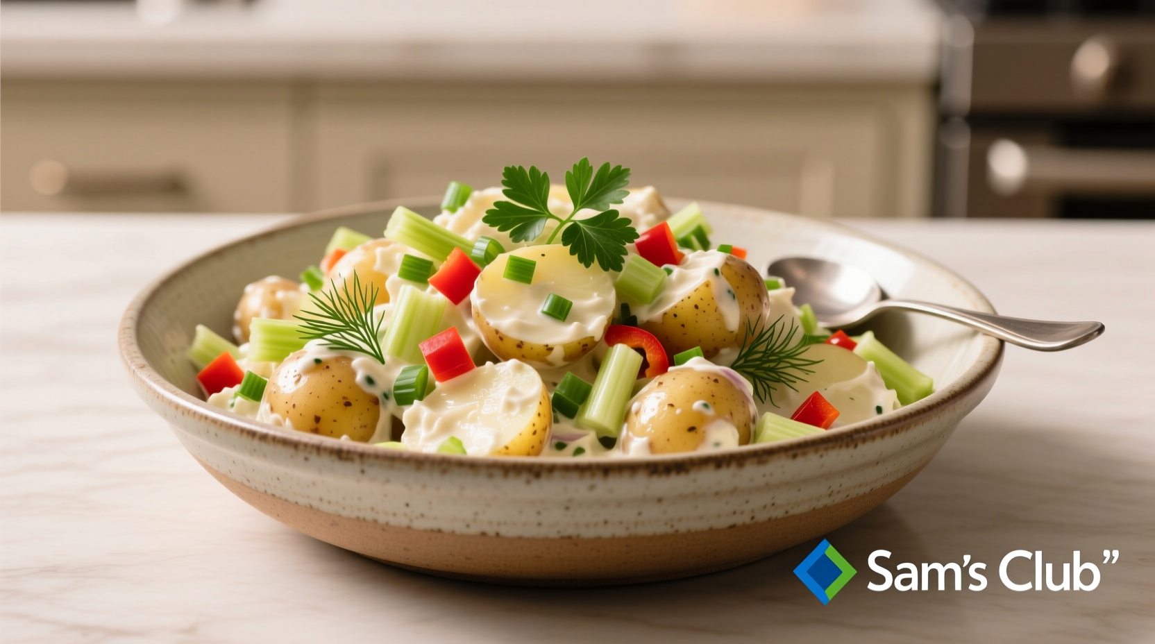 Sam's Club potato salad in serving bowl with fresh herbs