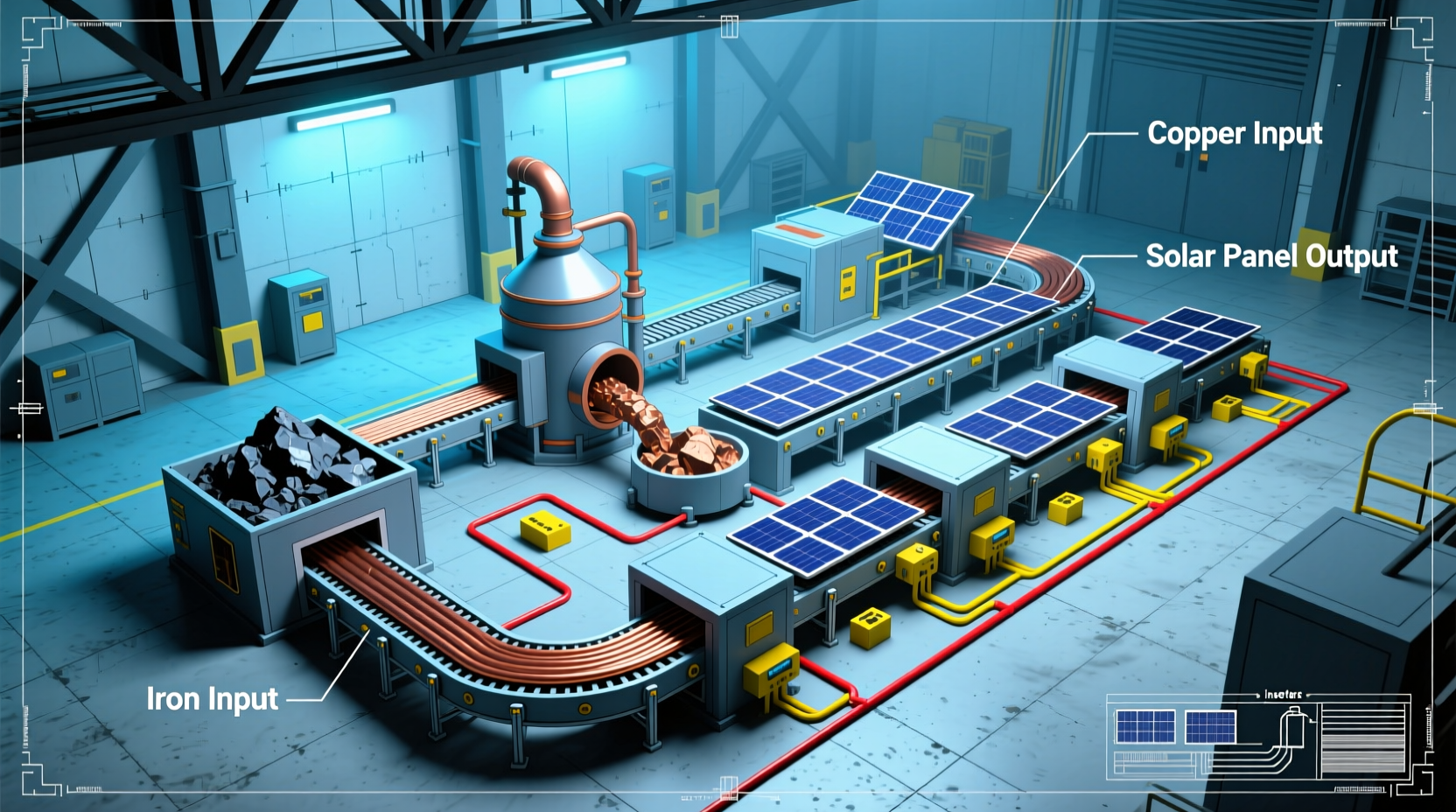 Factorio solar panel production blueprint layout with copper and iron inputs