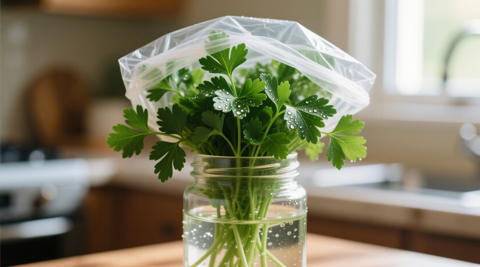Fresh parsley stored upright in water glass with plastic bag cover