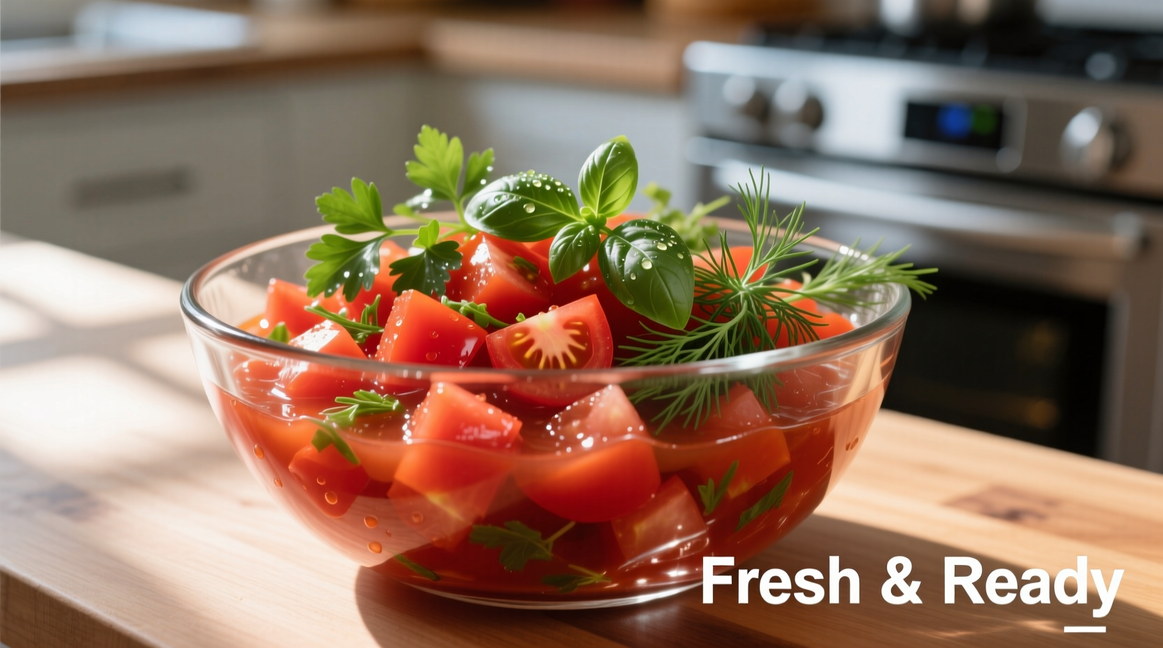 Canned diced tomatoes in glass bowl with fresh herbs
