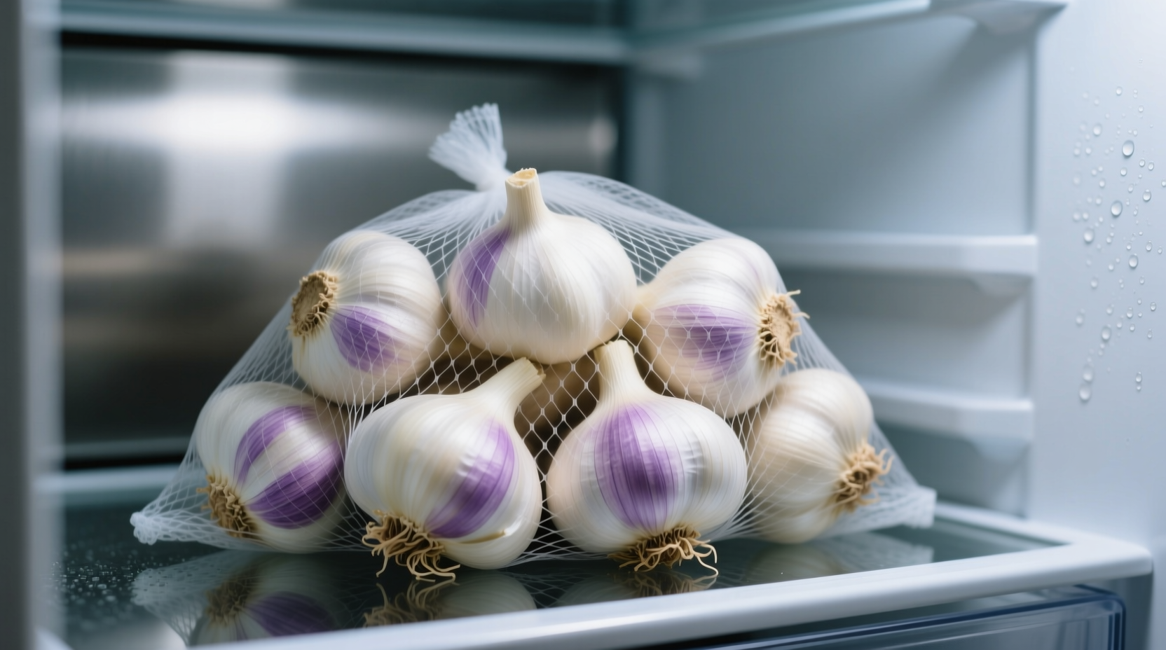 Fresh garlic bulbs stored in mesh bag in refrigerator