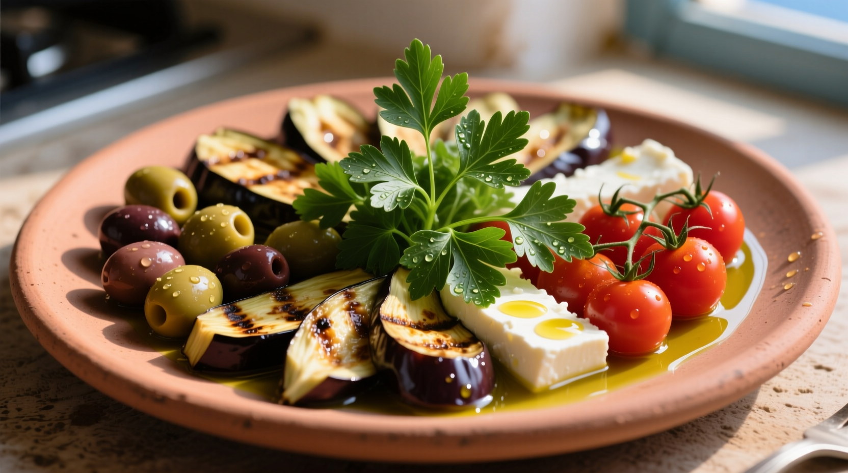 Fresh parsley garnish on Mediterranean platter