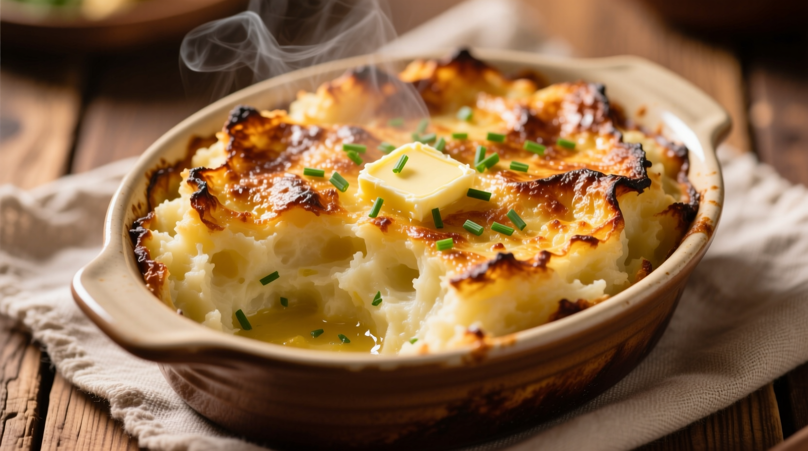 Golden brown twice baked mashed potatoes with crispy top