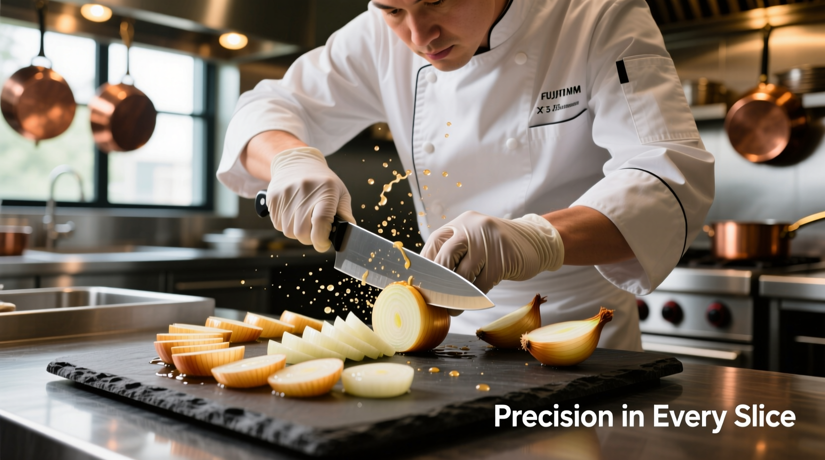 Professional chef preparing shallots for cooking