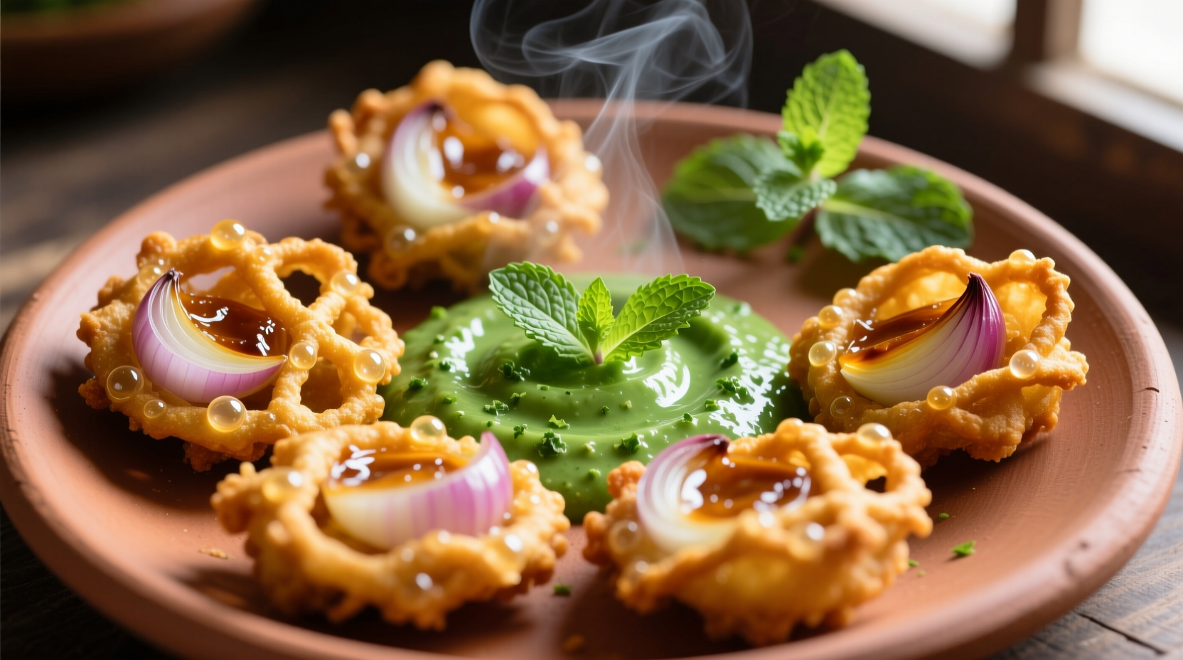 Golden onion pakoda served with mint chutney