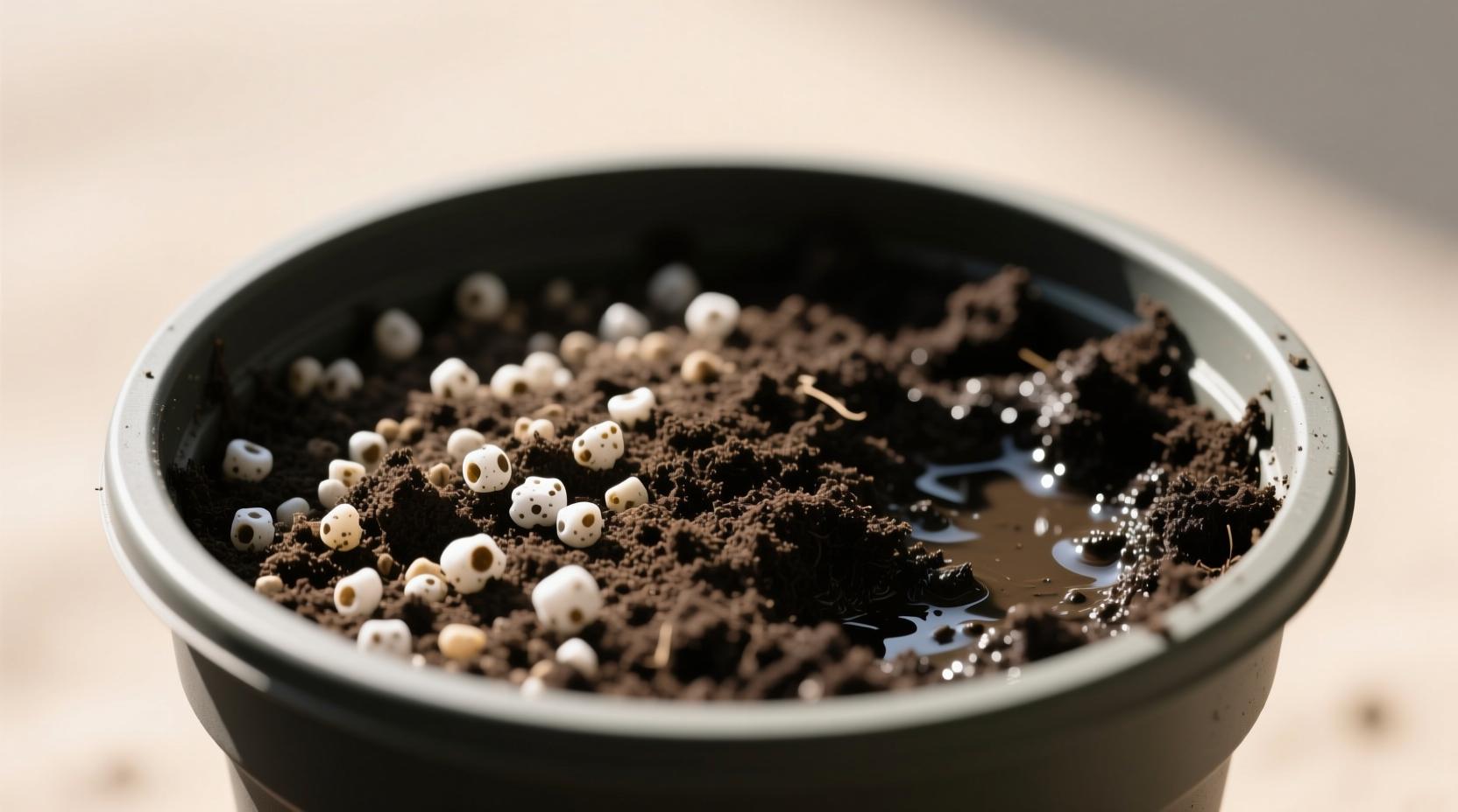 Close-up of gritty soil mix with perlite visible next to waterlogged regular potting soil