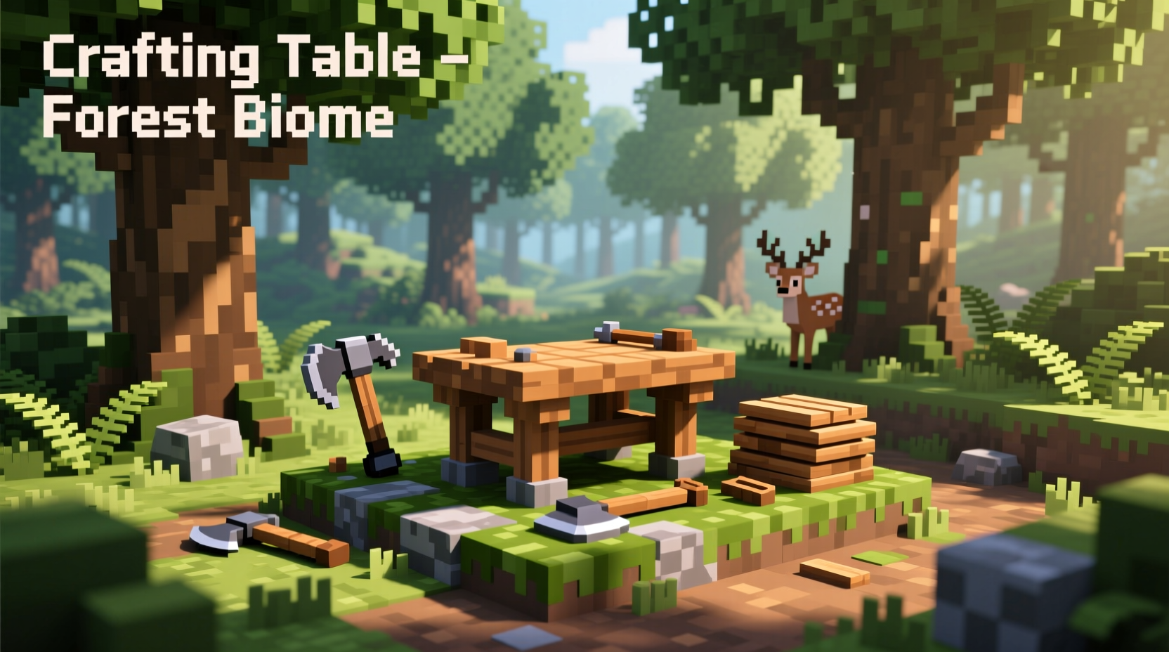 Minecraft crafting table placed in forest biome with tools