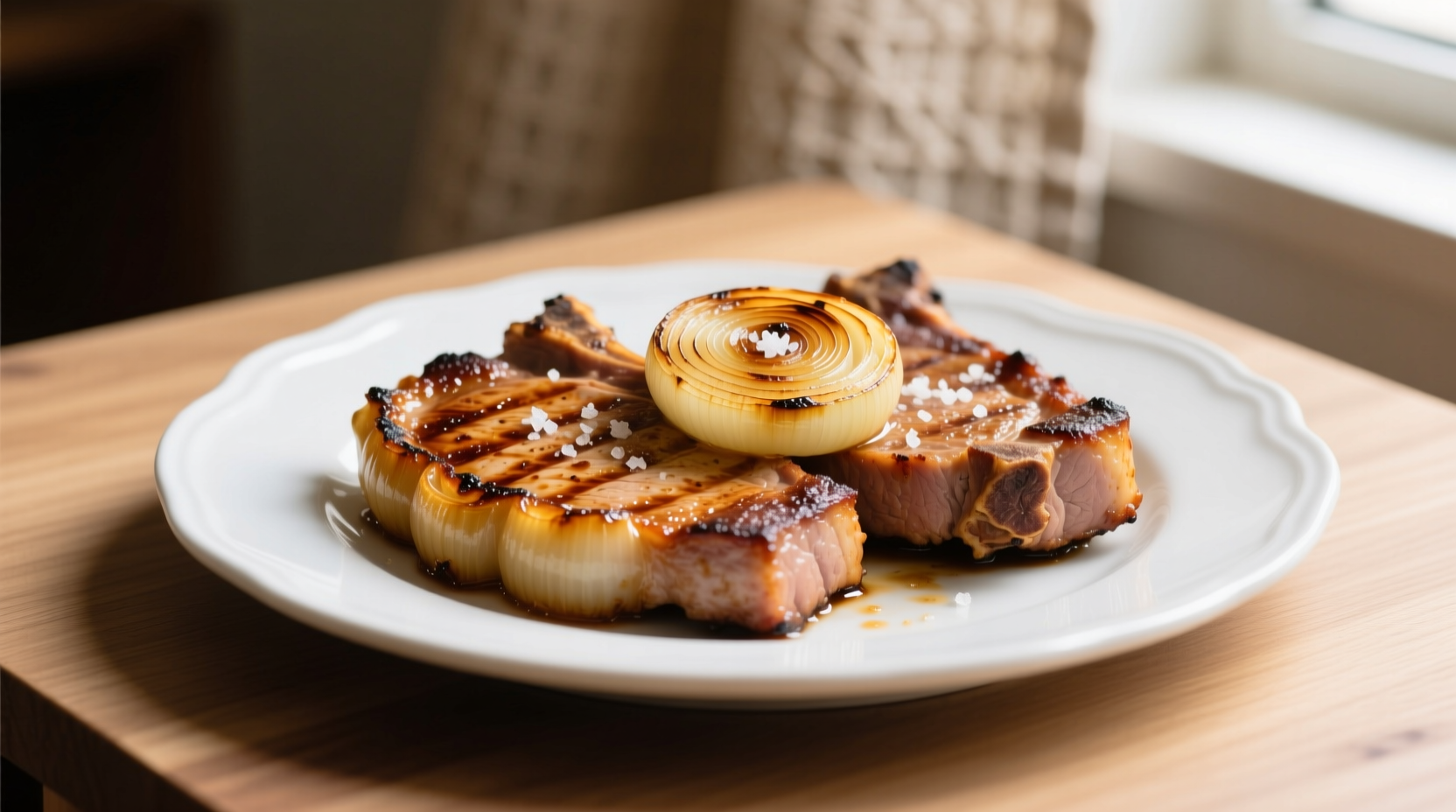 Golden brown pork chops with onion crust on white plate