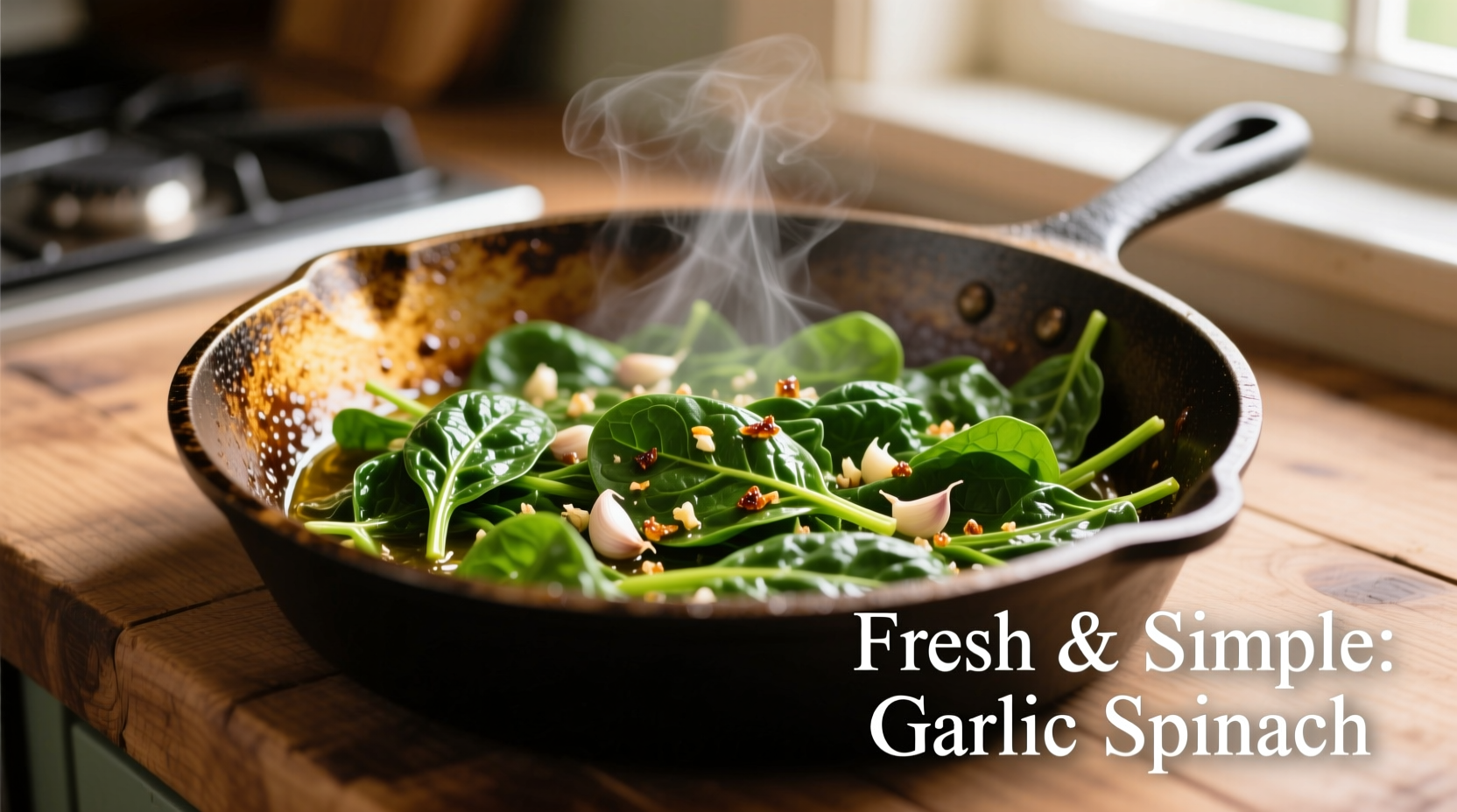 Perfectly sautéed spinach in cast iron skillet with garlic
