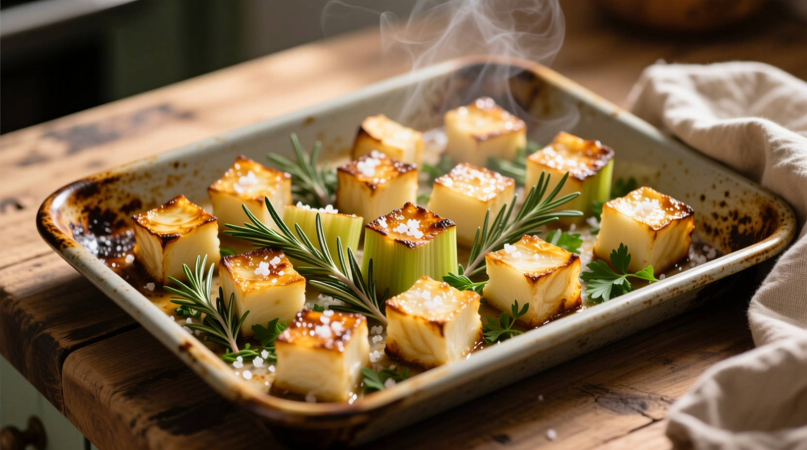 Golden roasted celery root cubes with herbs on baking sheet