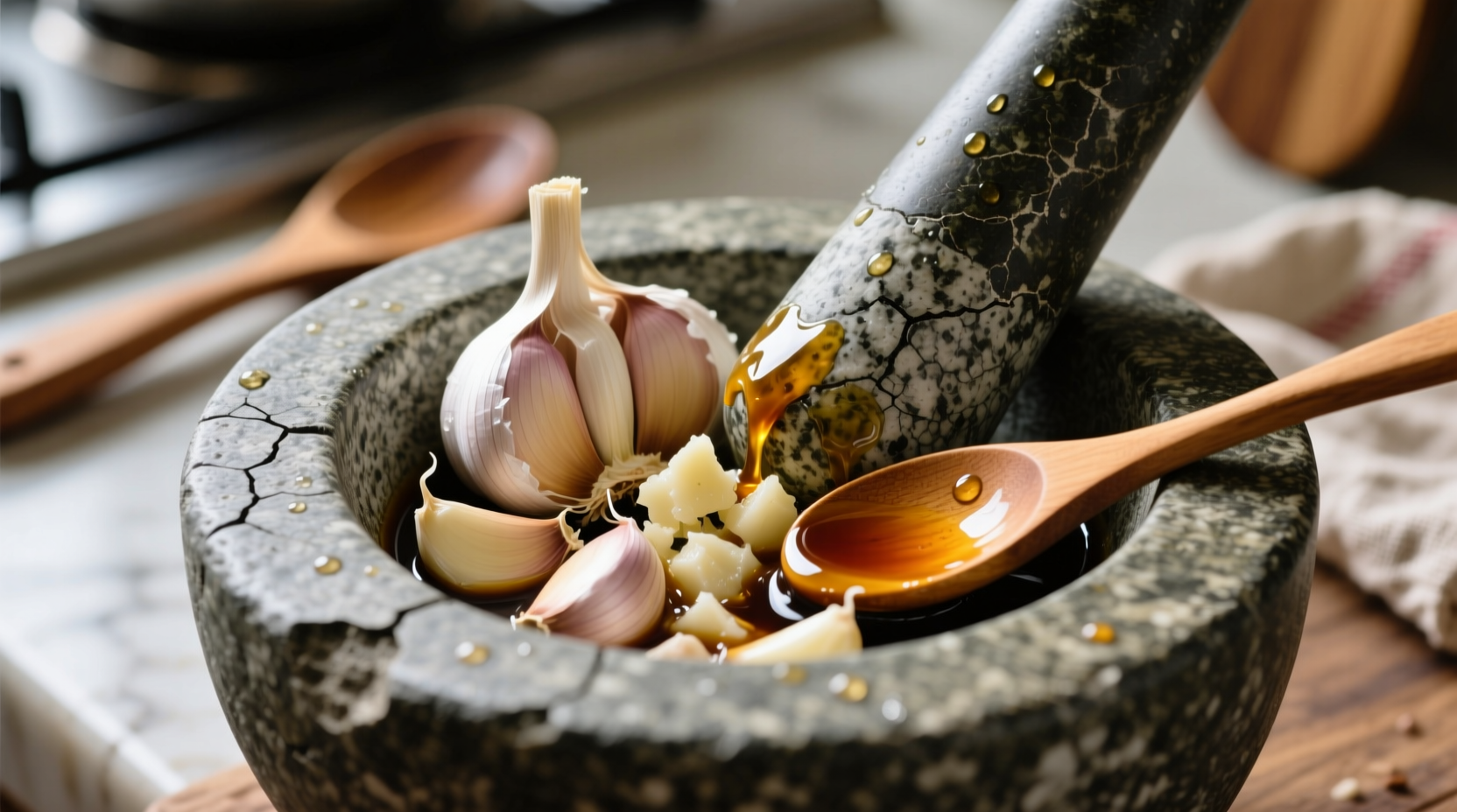 Frische Knoblauchzehen im Mörser mit Sojasoße