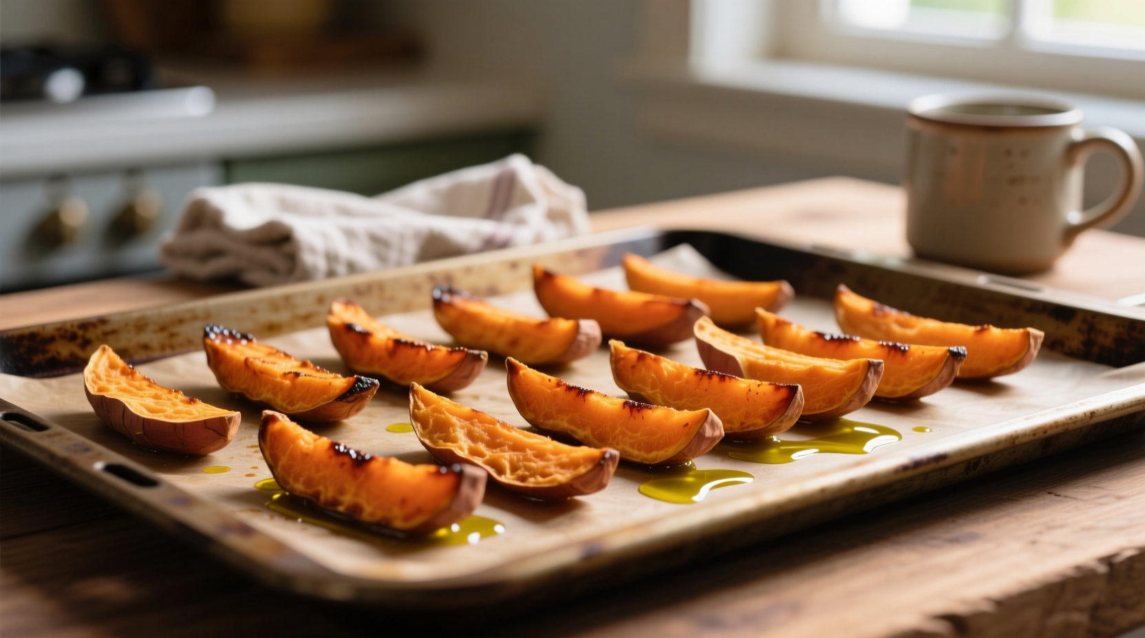 Properly cooked sweet potato fries on baking sheet