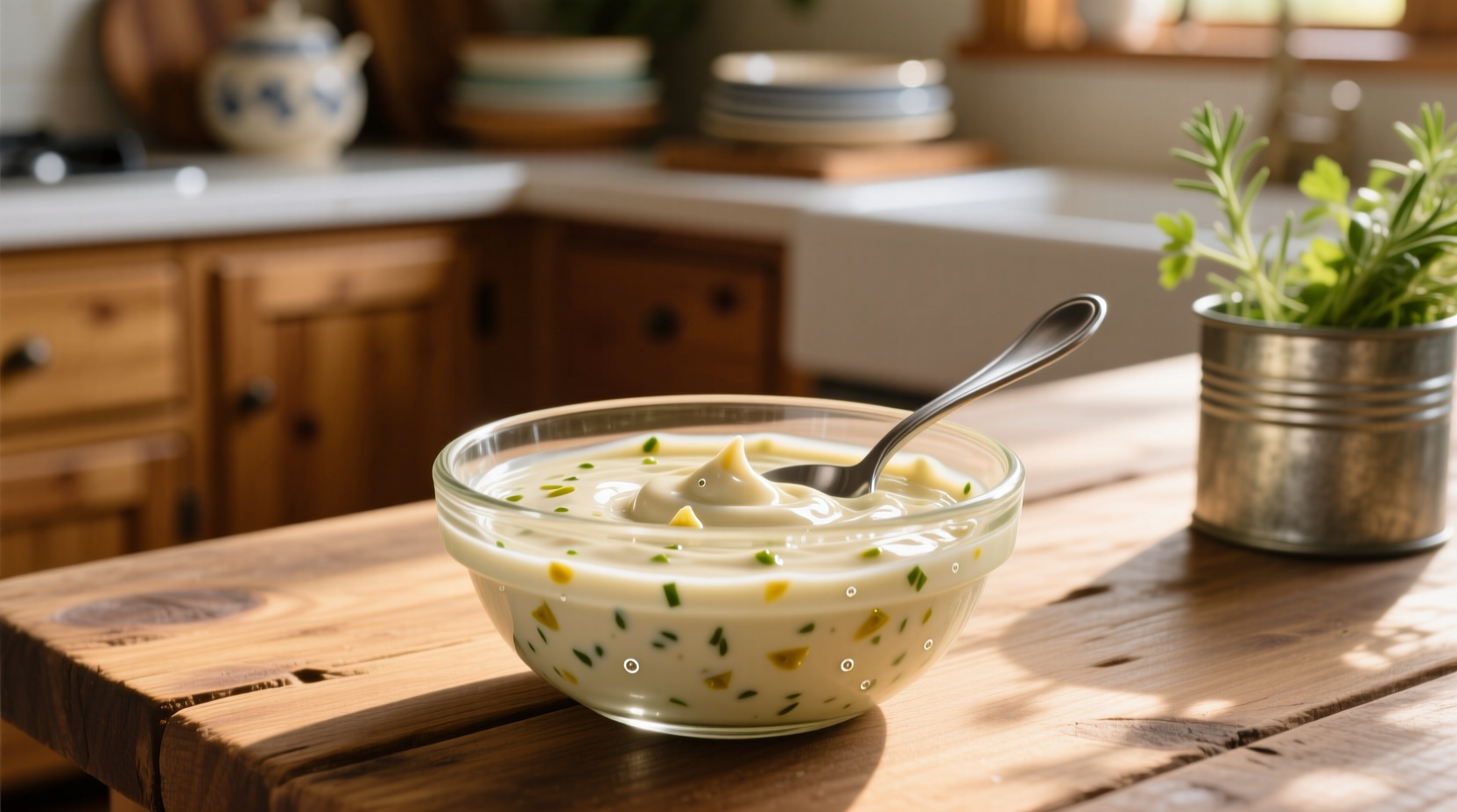 Homemade garlic mayo sauce in glass bowl