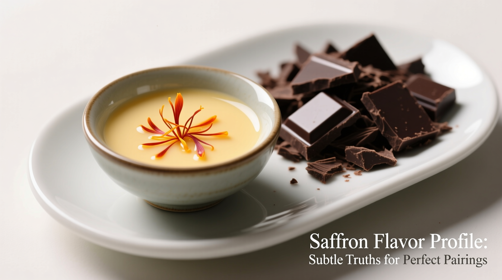 Saffron threads steeping in warm milk beside dark chocolate shavings for innovative dessert pairing