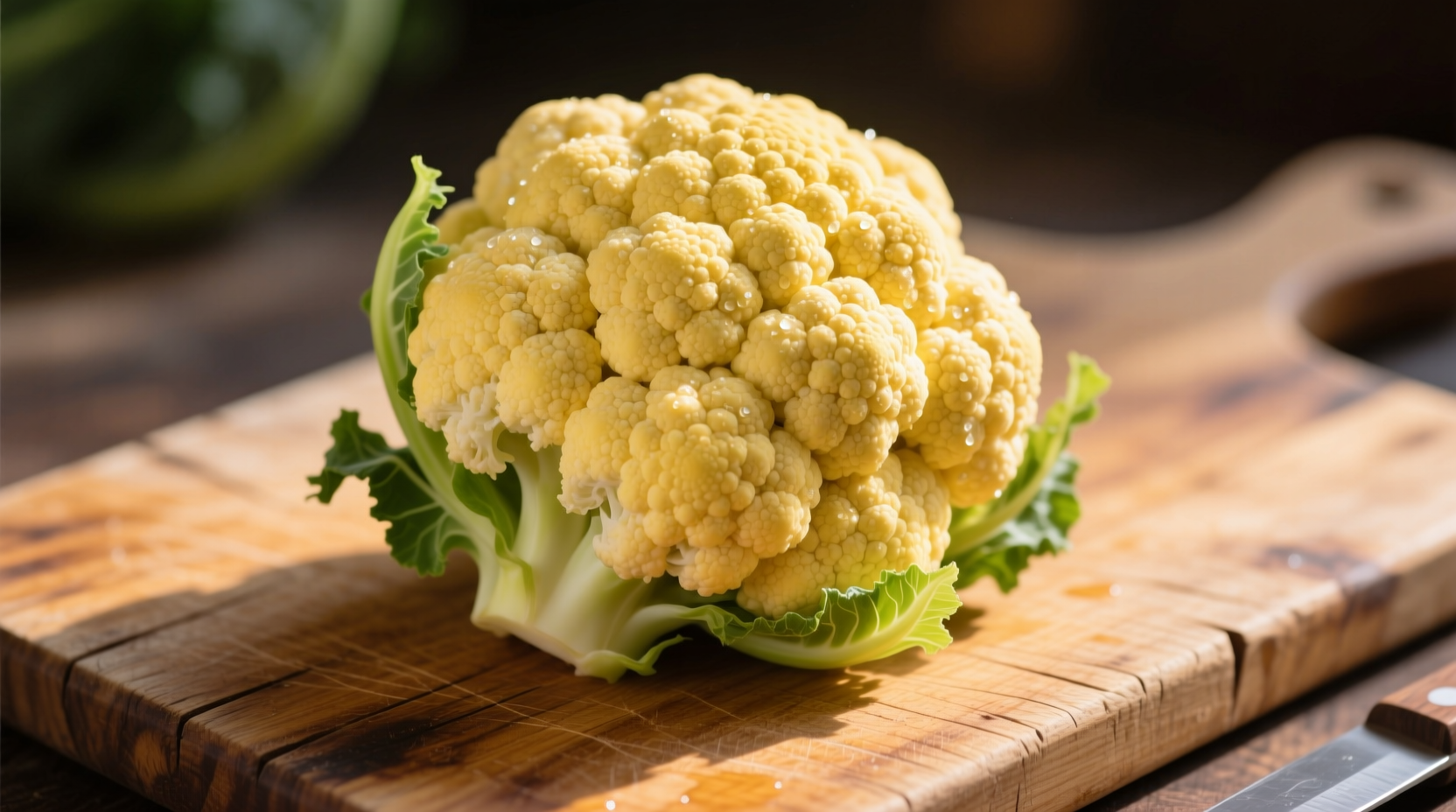 Fresh yellow cauliflower head on wooden cutting board