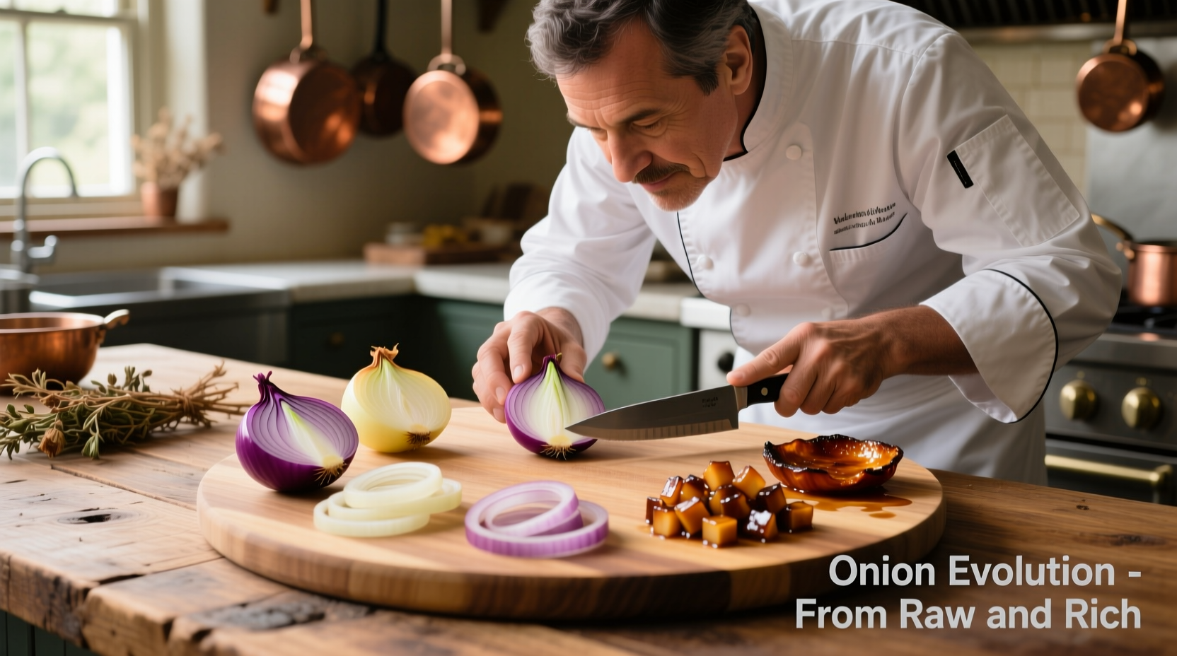Chef examining different onion states on wooden cutting board