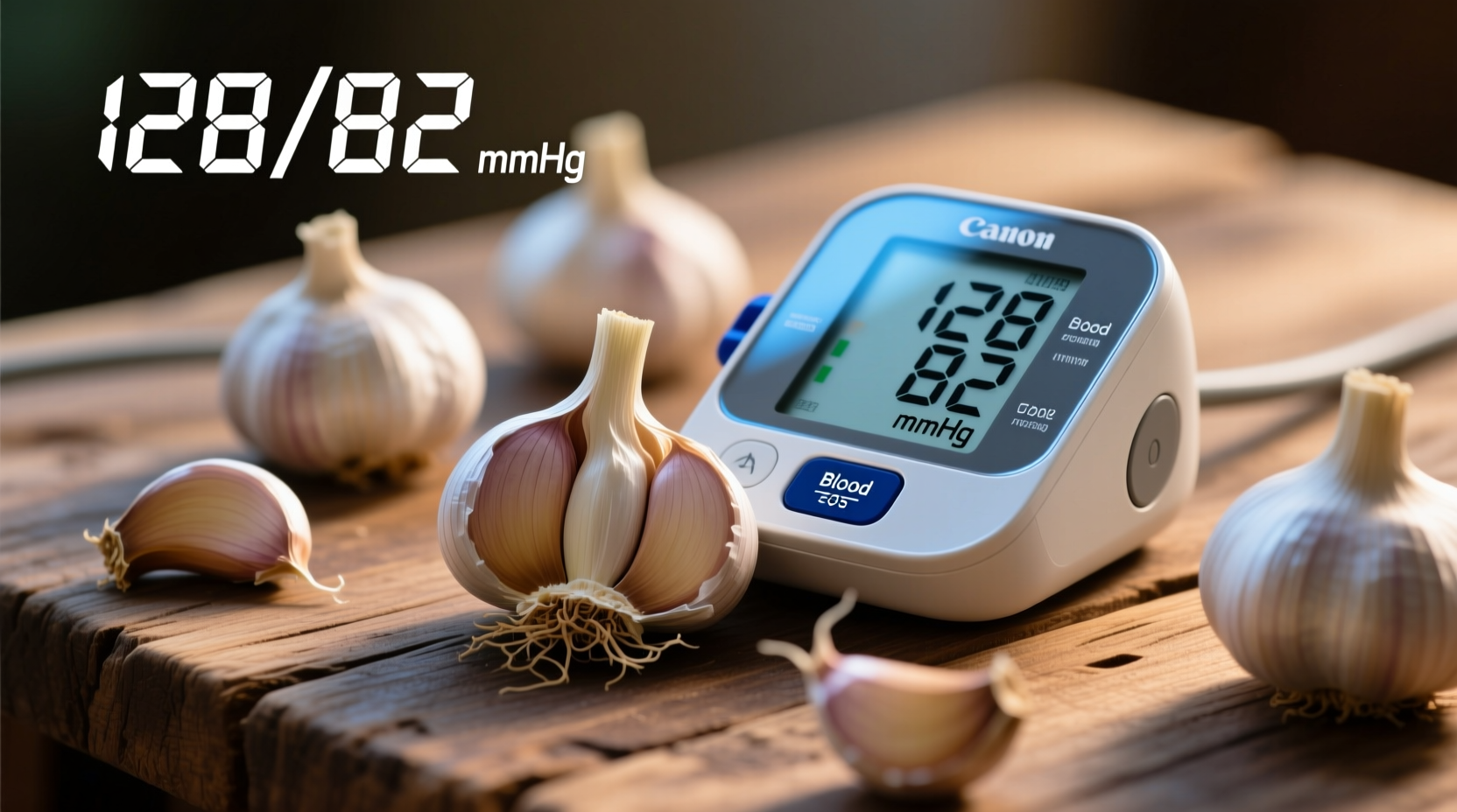 Fresh garlic cloves with blood pressure monitor