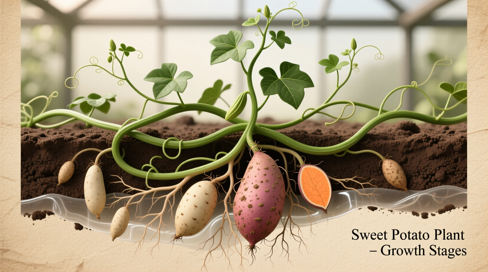 Sweet potato plant showing vine growth and developing tubers