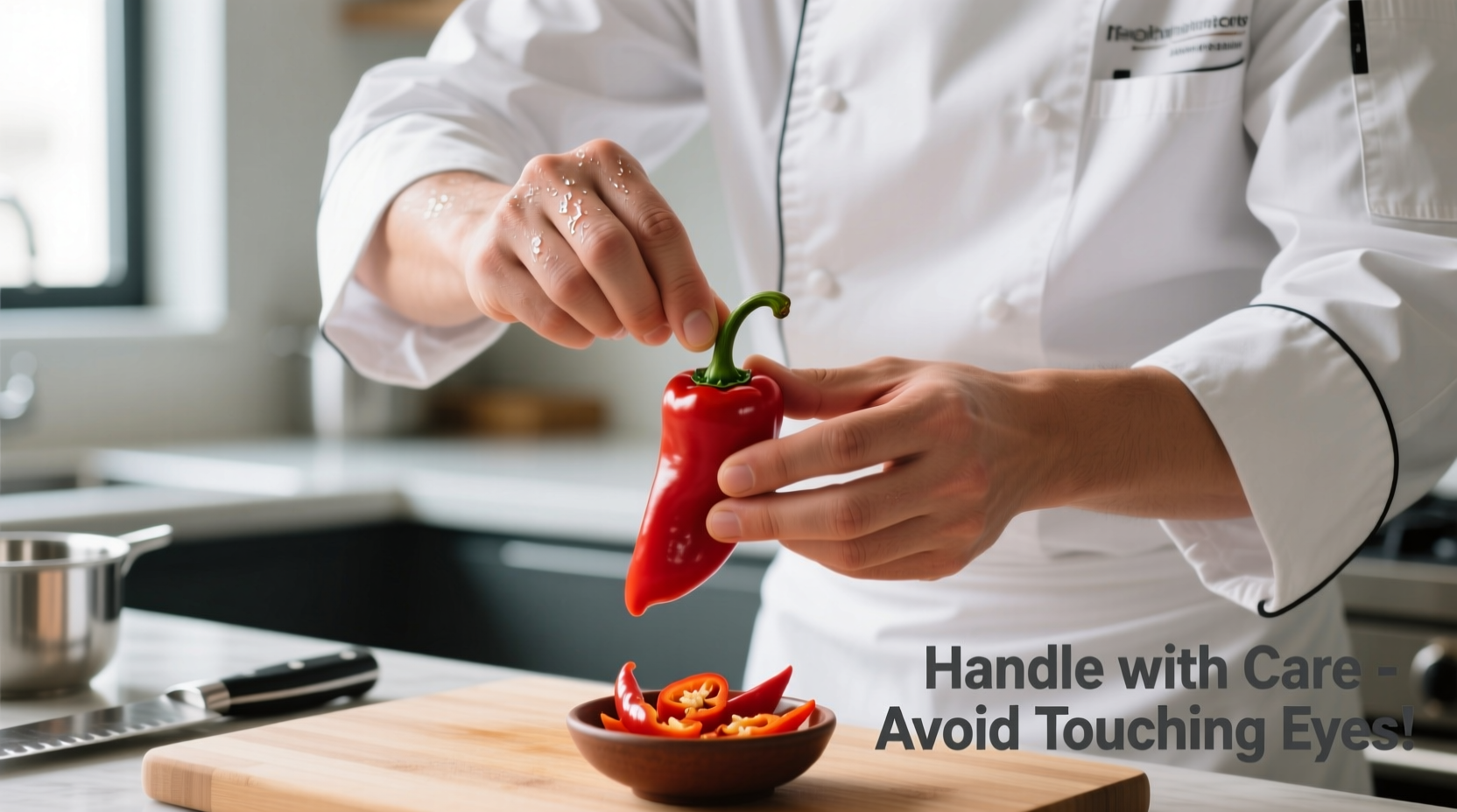 Chef demonstrating proper technique for handling chili peppers
