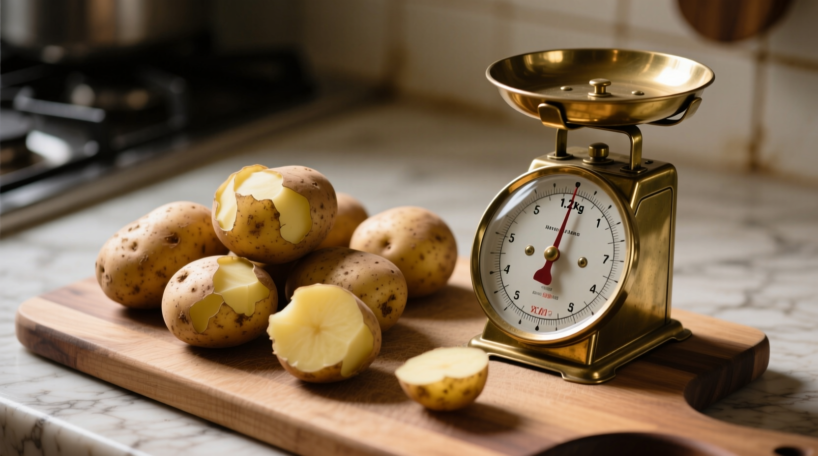 Raw potatoes and measuring scale showing weight