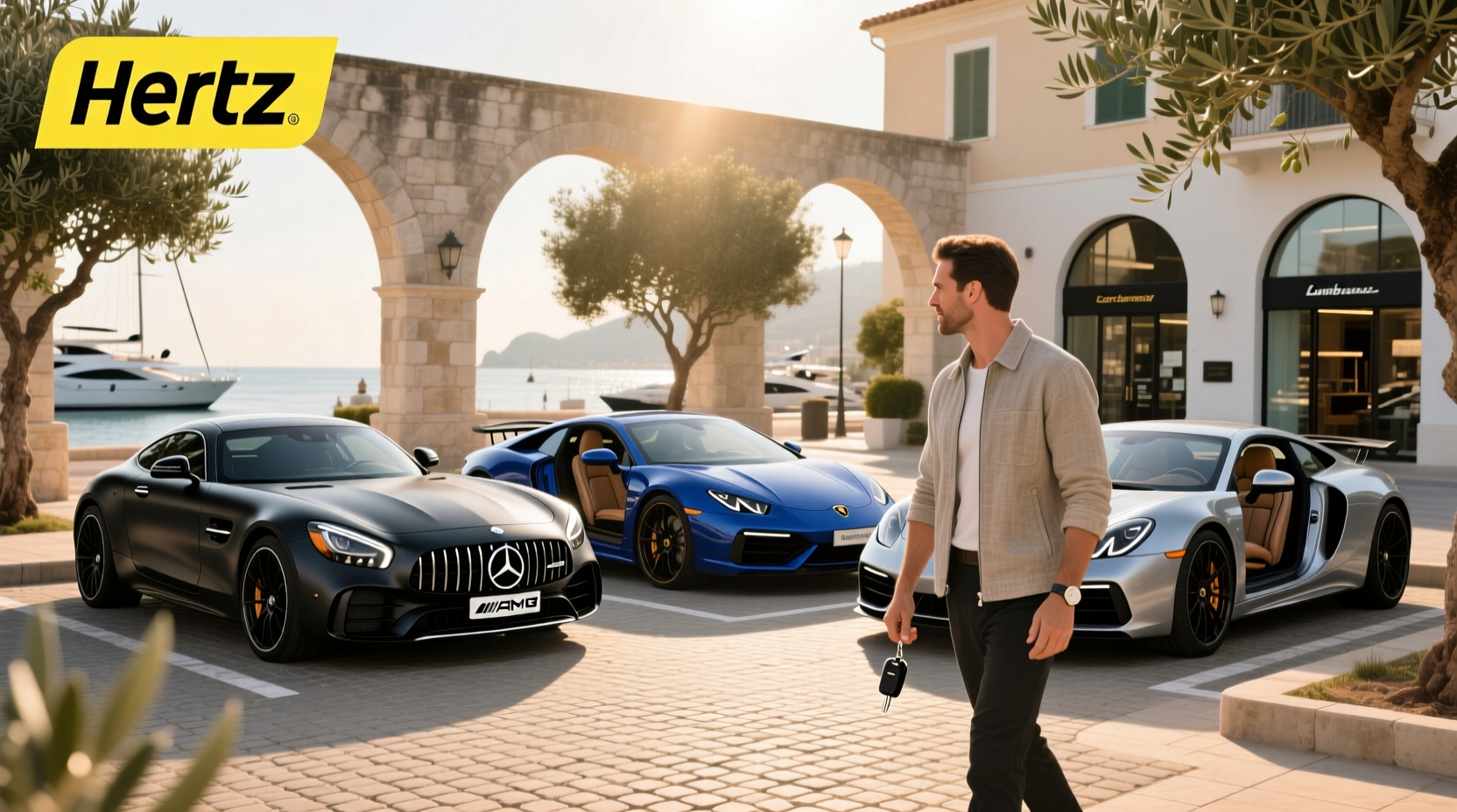 Hertz luxury car rental lineup including high-end models