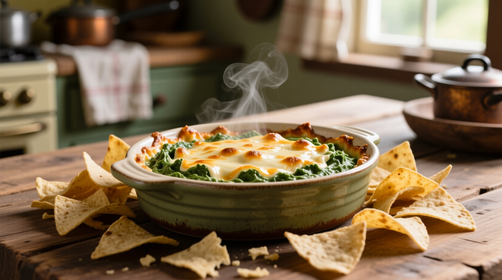 Creamy warm spinach dip in baking dish with tortilla chips