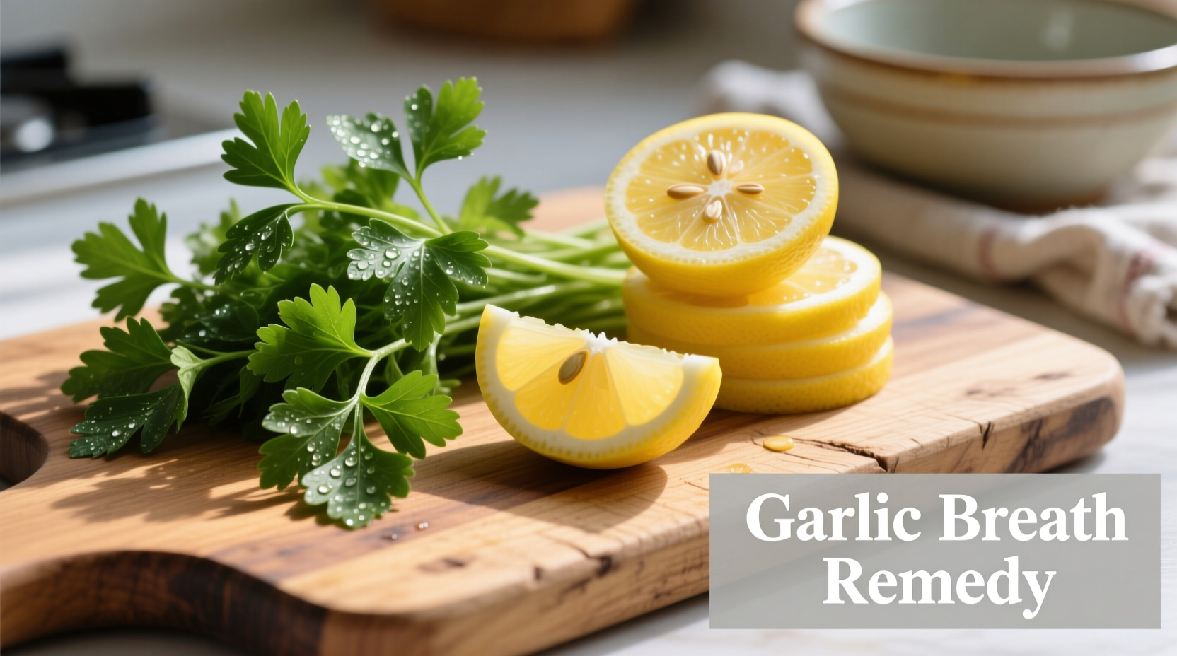 Fresh parsley and lemon for garlic breath remedy
