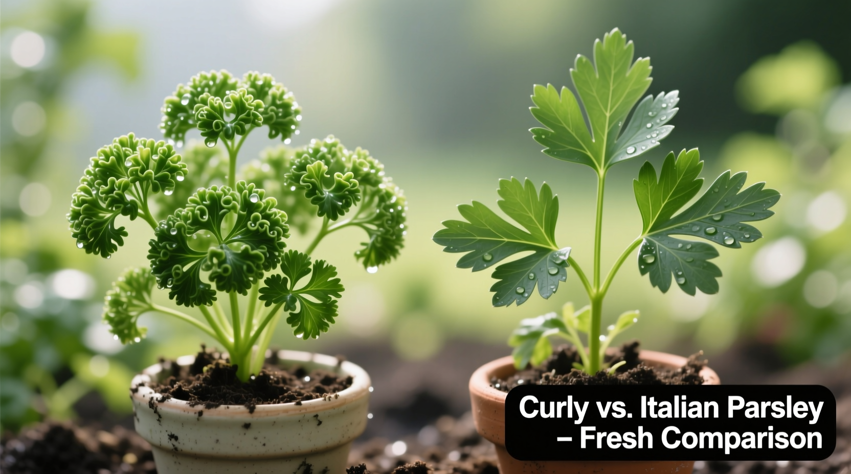 Side-by-side comparison of curly and Italian parsley