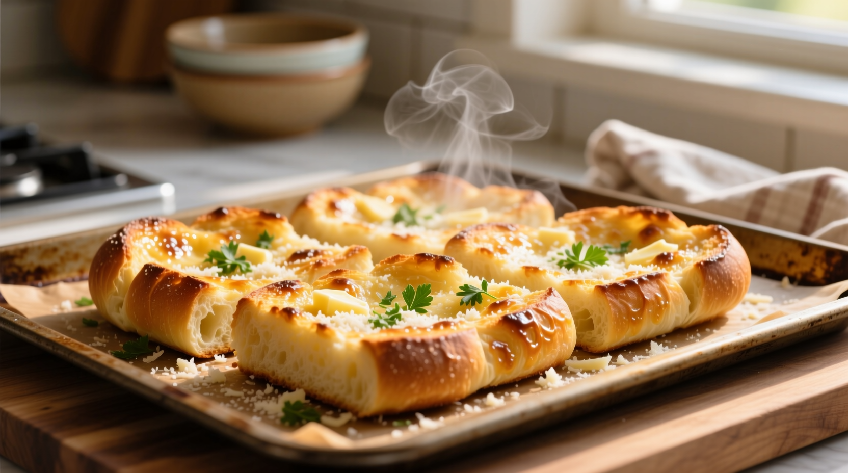 Perfectly golden garlic bread on baking sheet