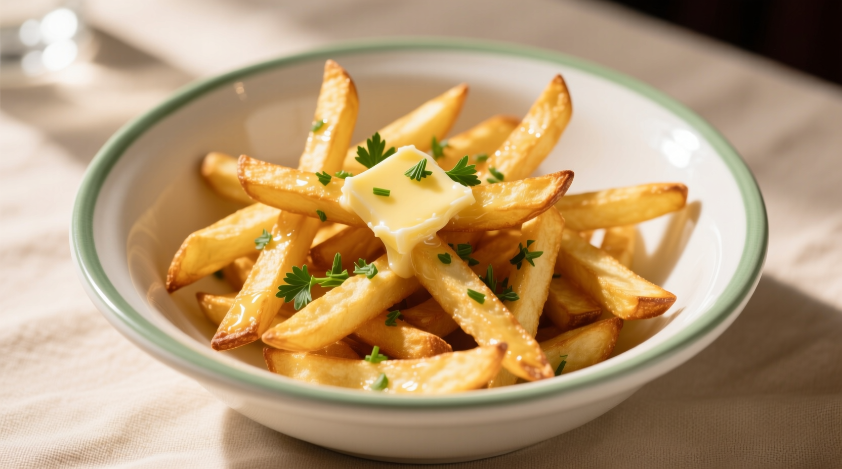 Golden garlic fries in white ceramic bowl