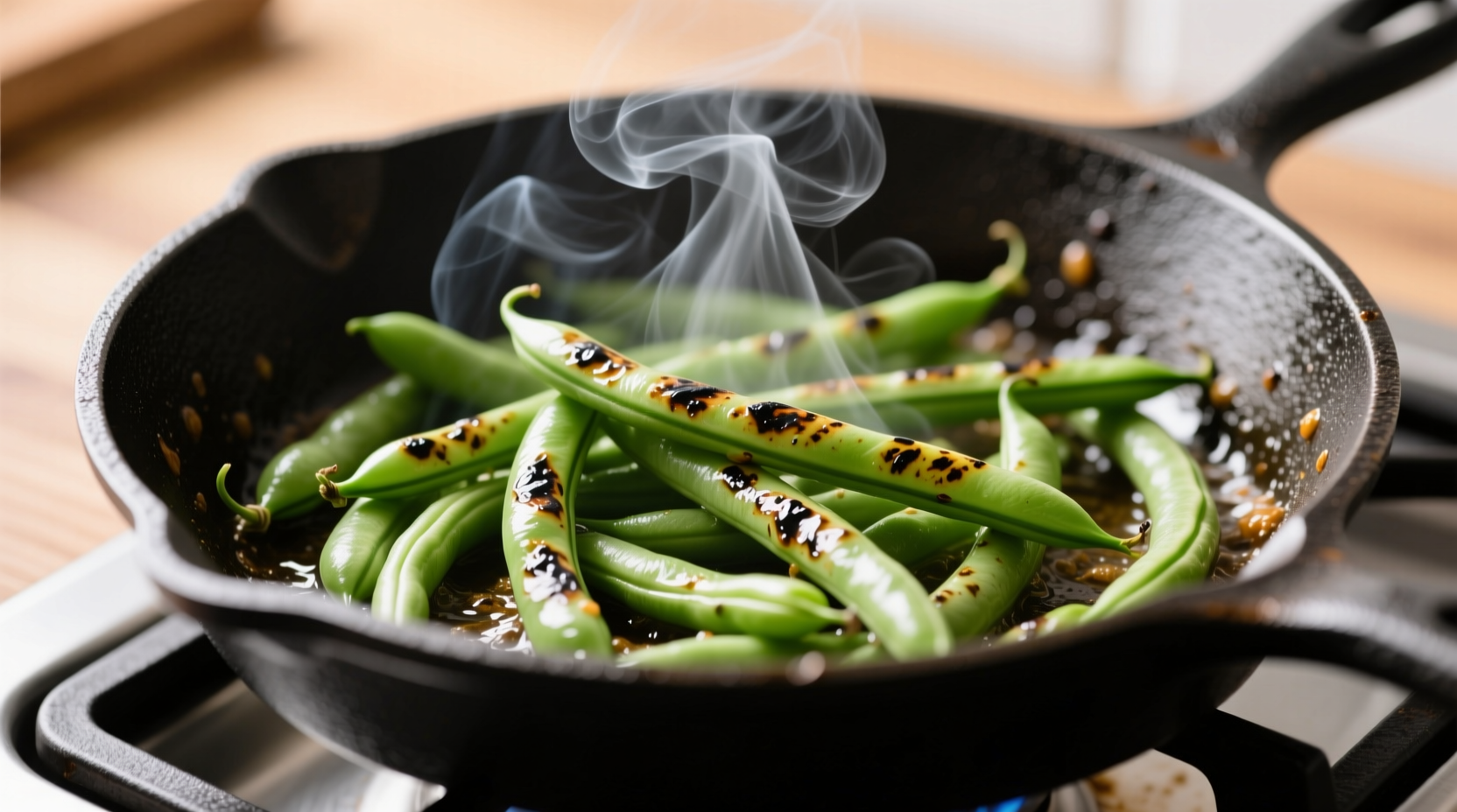 Green beans blistering in cast-iron pan showing visible char marks and oil smoke