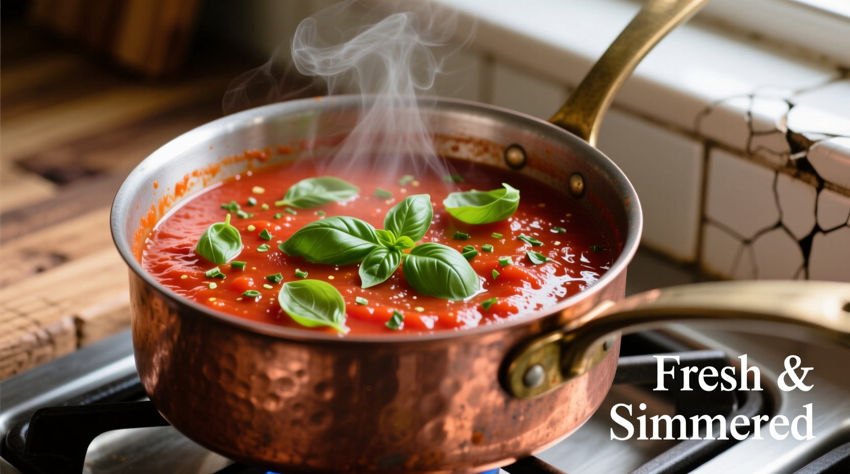 Fresh tomato sauce simmering in copper pot with basil garnish