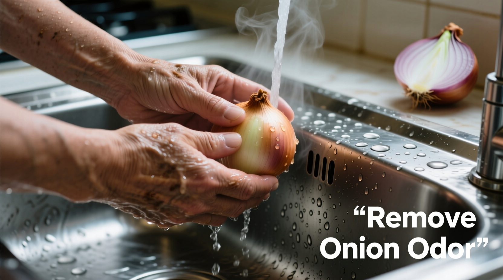 Hands rubbing against stainless steel sink to remove onion odor
