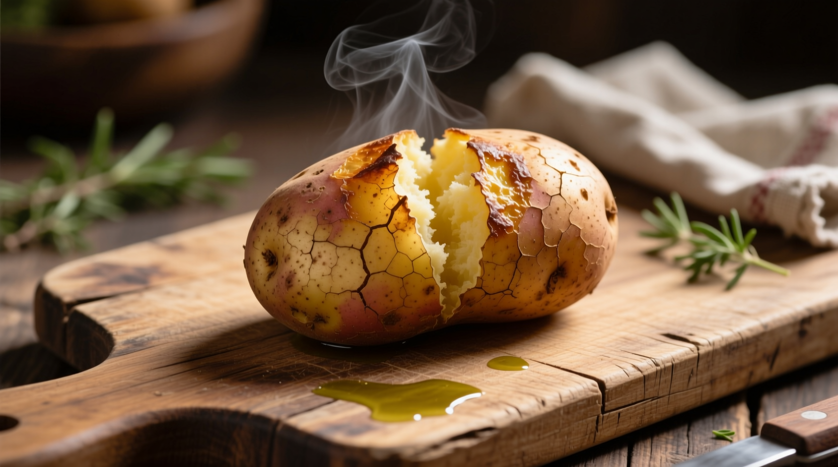 Baked russet potato with skin on wooden board