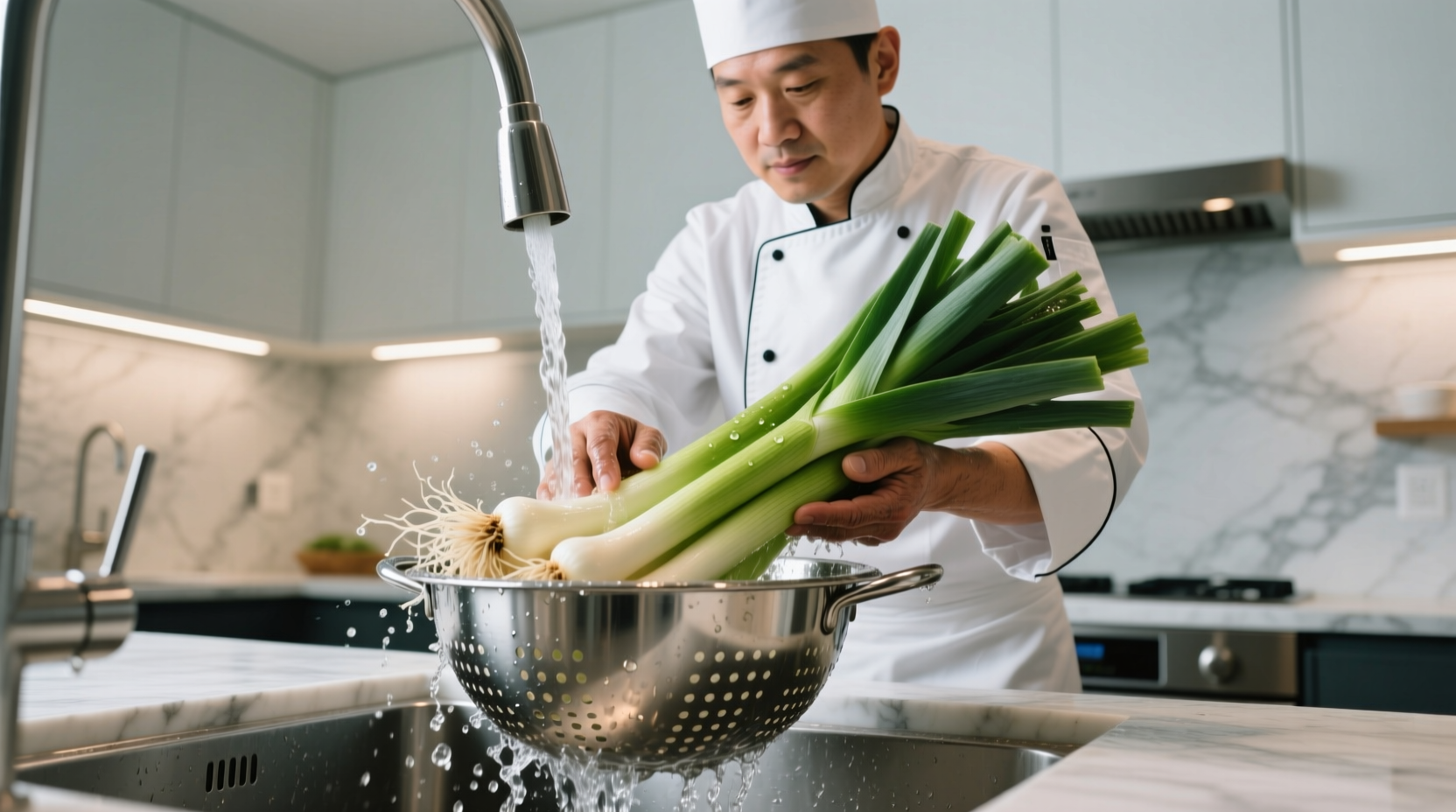 Chef washing leeks in colander
