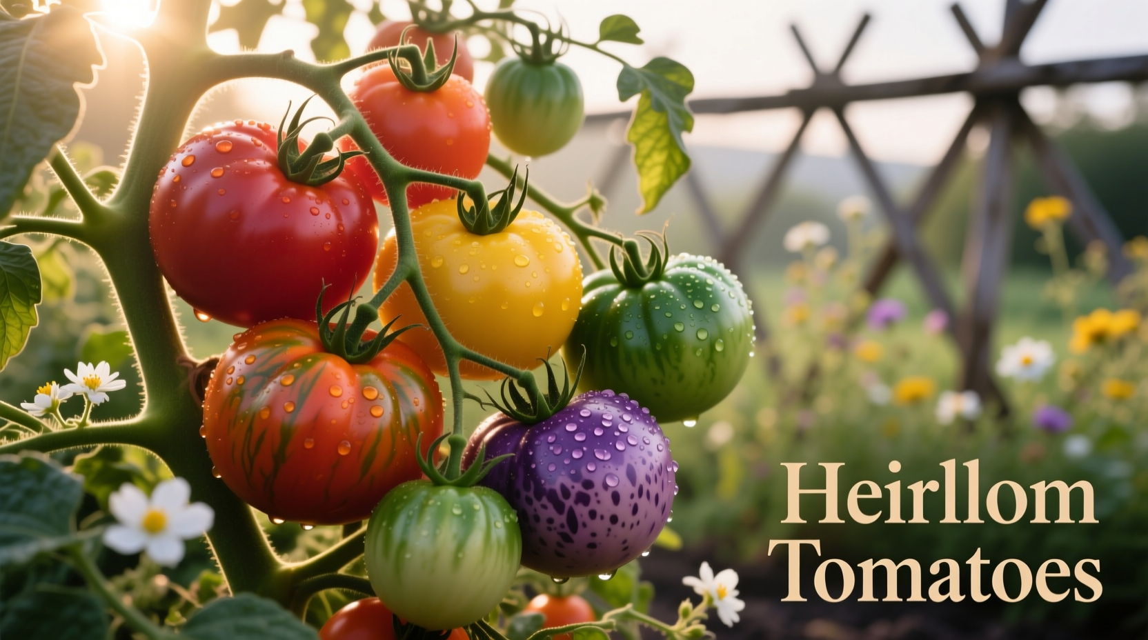 Colorful assortment of heirloom tomato varieties on vine