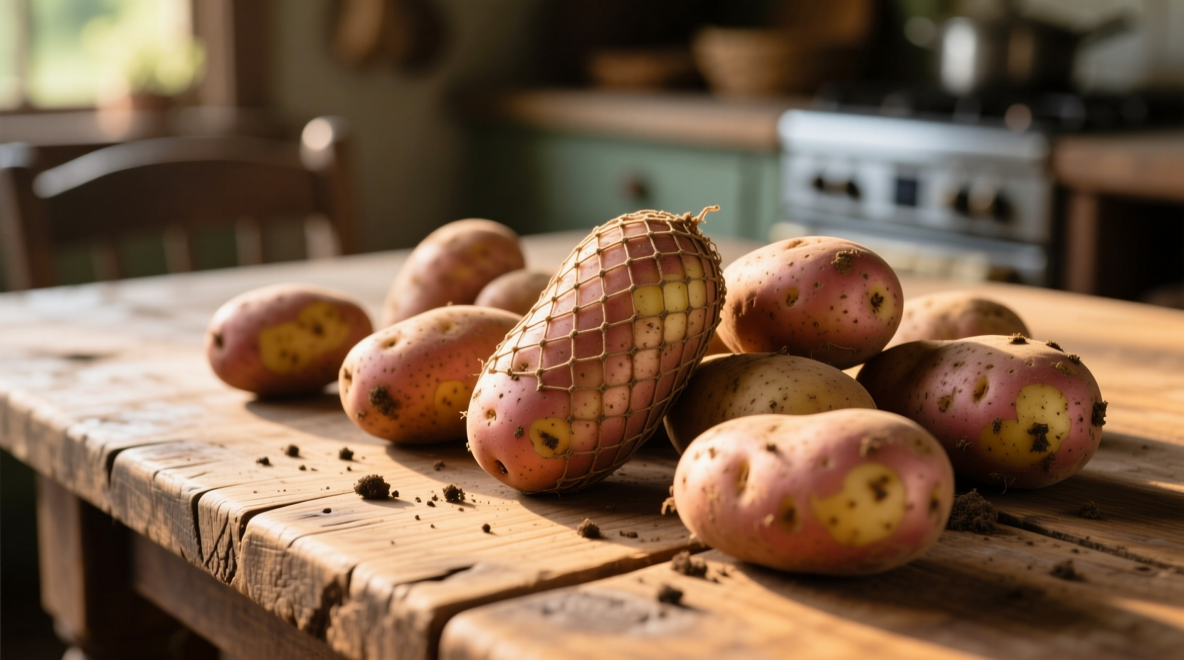 Russet Burbank potatoes on wooden table with netted skin